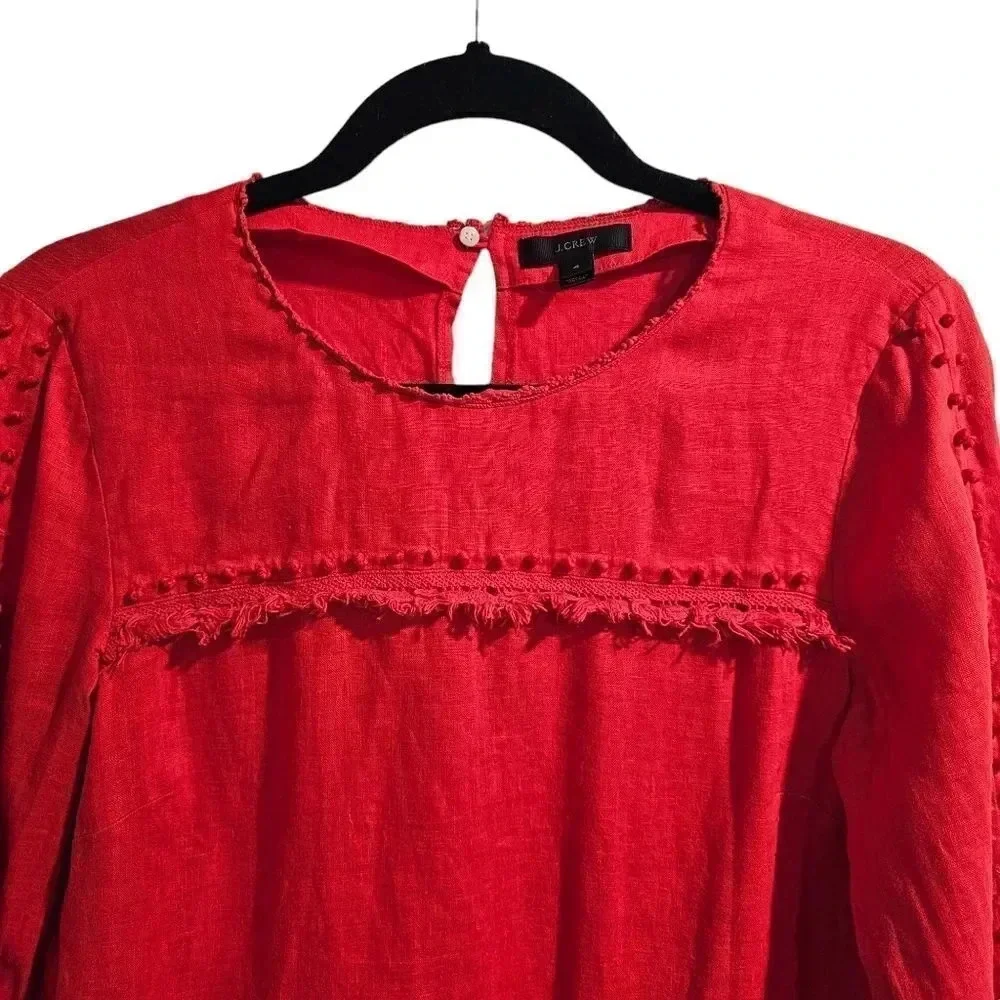 J.Crew Red 100% Linen Embroidery French Knot‎ Fridge Blouse Size 4
